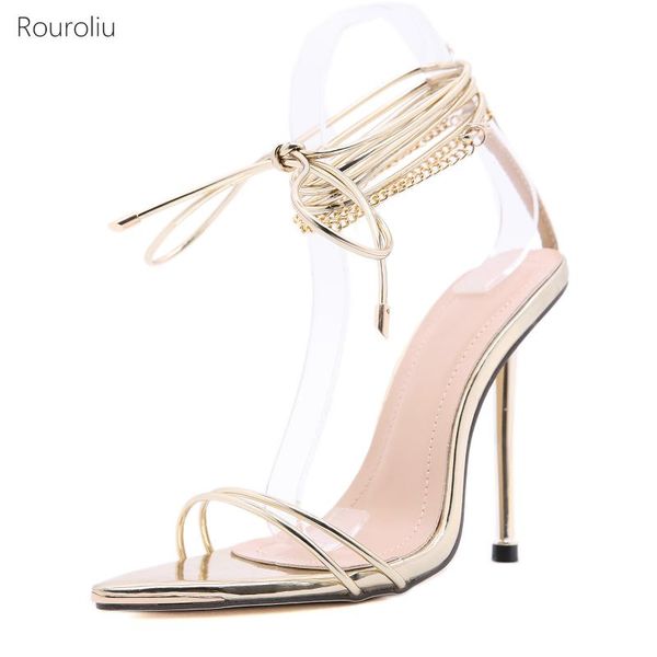 

dress shoes 2021 metal chain strappy stiletto sandals women summer pointed toe thin high heel party female lace-up, Black