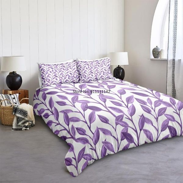 Conjuntos de cama conjuntos de capa de edredão roxa plantas folhas camas colchas home têxteis microfibra para meninas crianças bedlinen 3ps