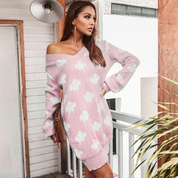 

casual dresses mini long sleeve knitted sweater dress women 2021 fall fashion loose v neck lantern floral femme, Black;gray