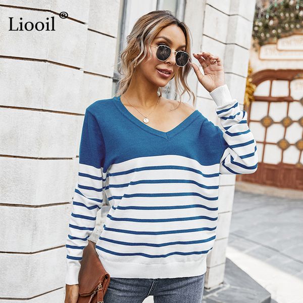 

knits striped patchwork knit sweater women color block long sleeve v neck female autumn winter clothing casual pullovers, White