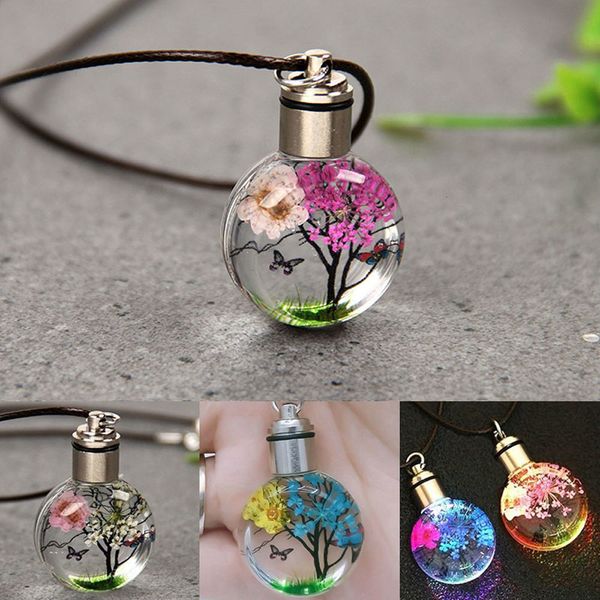 

luminous dried flower butterfly glass ball women necklace pendant rope chain for strip leather choker, Silver