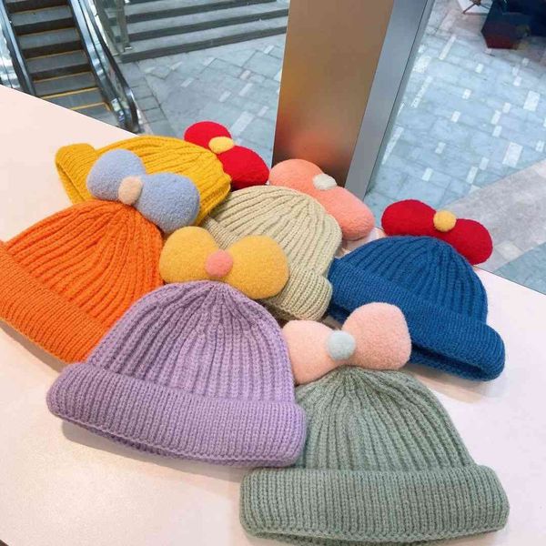 

autumn winter parent-child sweet lovely bow knit wool student cy warm and versatile melon skin cold hat, Yellow
