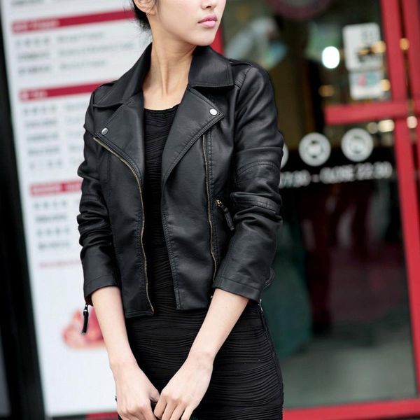 

women's jackets 2021 fashion women autumn winter black faux leather zipper basic coat turn-down collar biker jacket with blet, Black;brown