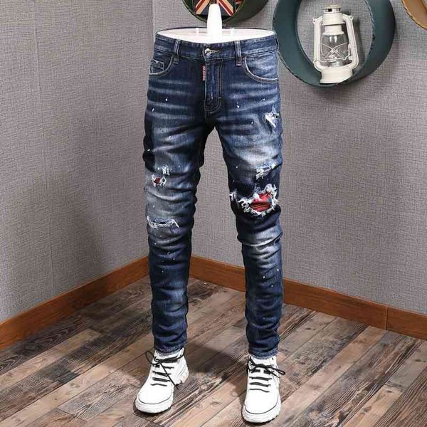 

men's jeans italian style fashion men retro dark blue slim fit ripped denim pants patchwork designer streetwear hip hop long ebqb