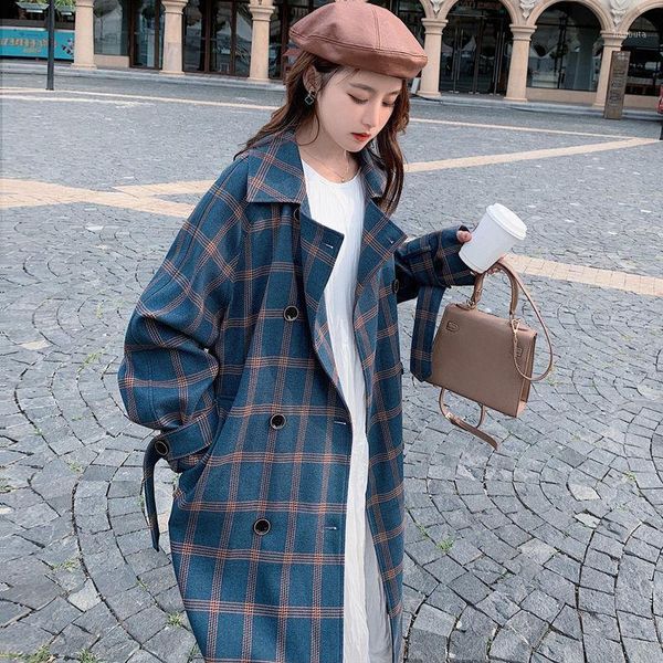 

women's trench coats women clothes spring autumn loose over-knee coat plaid long retro chic female, Tan;black