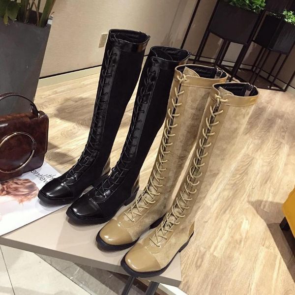 

british style knee high boots, ladies, large round toe low heels, winter shoes boots, Black