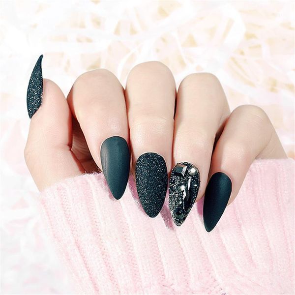 

acrylic fake nails oval stiletto pointy full cover french style extensions tips almond shape manicure art salon patch1, Red;gold