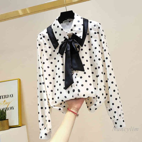

blouses plus size bow shirt women's spring fashion polka dots satin long sleeve temperament ladies blouses blusas, White
