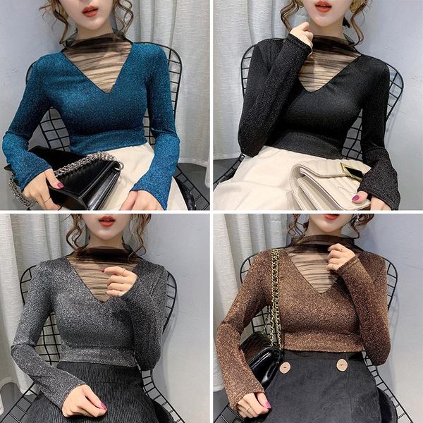 

women's blouses & shirts bottoming shirt upper gauze garment long-sleeved bright silk glitter v-collar base slim all-match, White