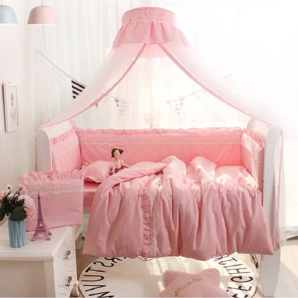 

5pcs set princess style baby cot bumpers with ruffler cotton lace pink white grey baby crib bedclothes universal kids room decor