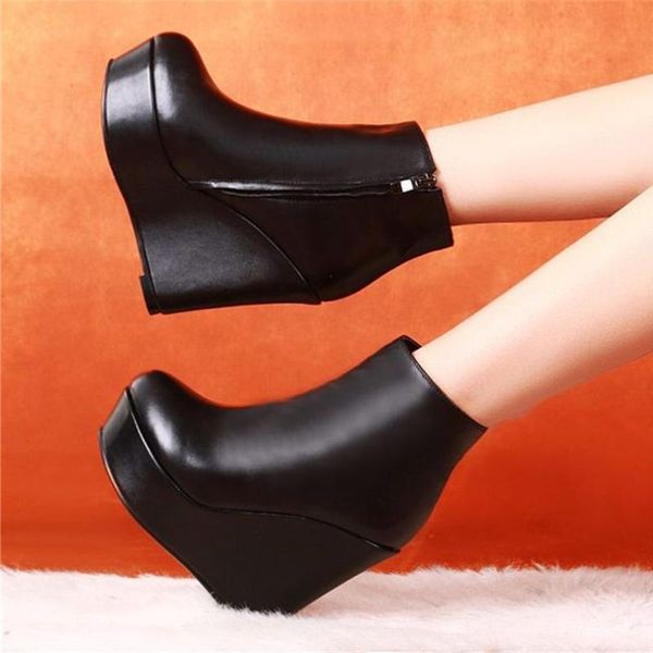 

boots party platform shoes women's leather ankle wedge increasing height round toe oxfords high heels 35 36 37 38 39 34, Black