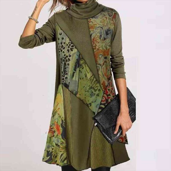 

vintage turtleneck warm autumn elegant womens dresses print long sleeves patchwork female casual loose vestidos, Black;gray