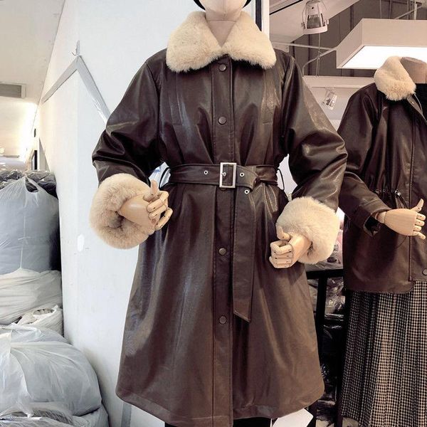 

women's leather & faux women long single breasted coats winter warm lady fur collar sashe street jacket snow waistband female thick out, Black