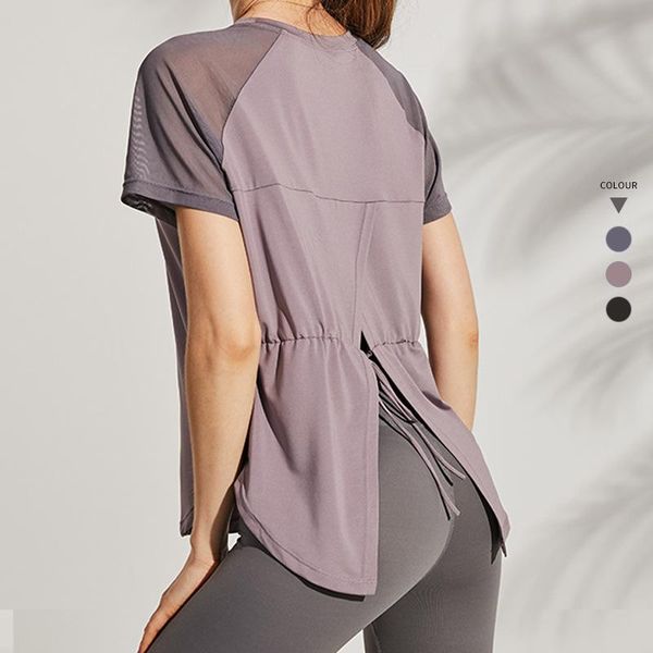 

yoga outfit women loose short sleeve sport t shirt breathable mesh patchwork back fork opening drawstring workout running