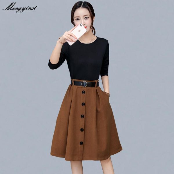 

casual dresses elegant fake two-piece suit cotton women dress 2021 spring ladies button long sleeve o-neck collar office lady work, Black;gray