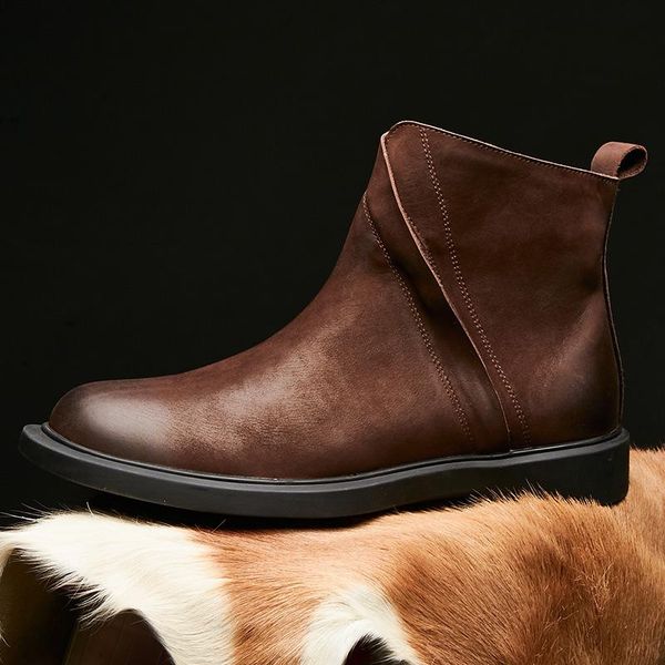 

boots leather short winter plush warm british style retro men's shoes, Black