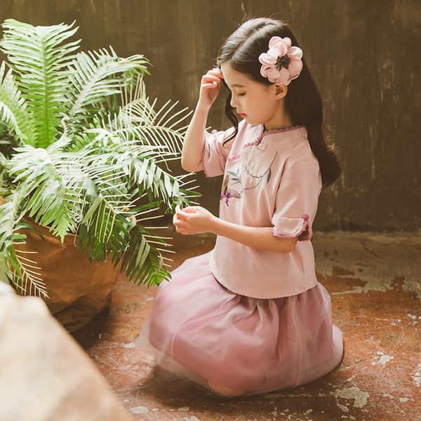 

girls summer clothes embroidery vest + mesh skirt girls outfits mesh girls sets chinese style childrens costume, White