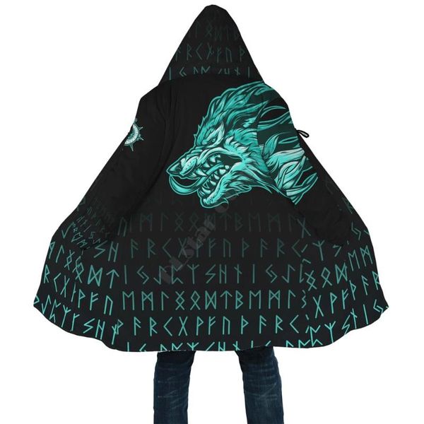 

men's wool & blends viking cloak fenrir wolf cyan near shoulder 3d printed hoodie for men women winter fleece wind breaker warm hood, Black