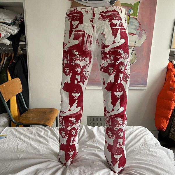 

women's jeans portrait print denim pant fashion casual loose wide leg straight 2021 streetwear summer vintage punk high waist women, Blue