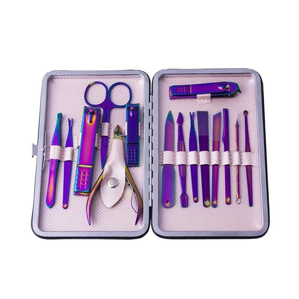 

nail art kits 15 pcs / set of manicure sets colorful tools clippers file care belt suitcase