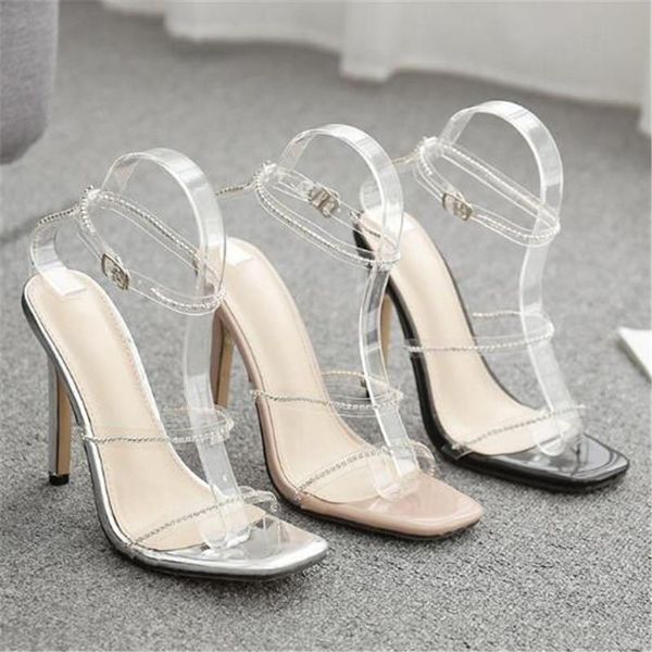 

dress shoes women sandals pvc sequined cloth buckle strap 11cm thin heels high round toe rhinestones sandal for size 35-42, Black