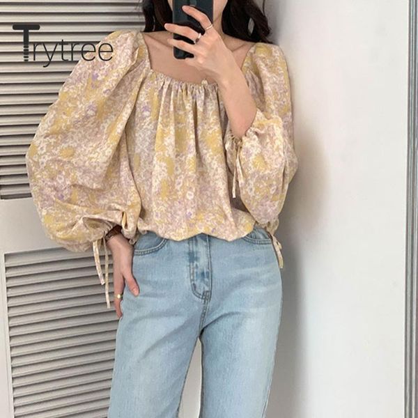 

trytree 2021 spring women casual blouse square collar print 2 color lantern sleeve loose vintage all-purpose style women's blouses & s, White
