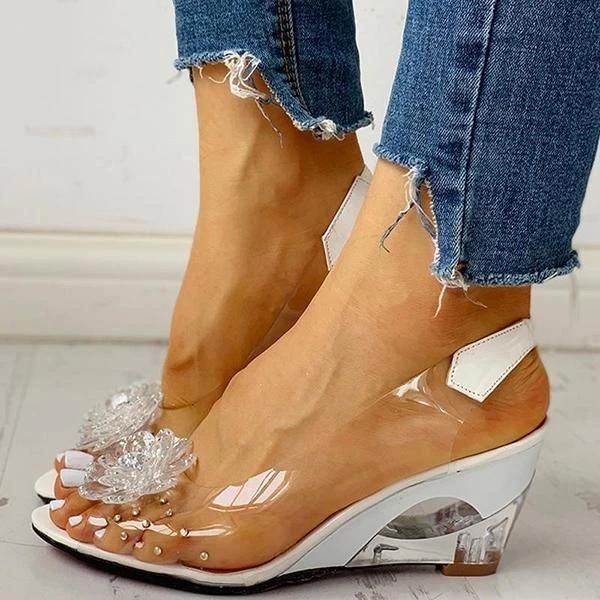 

sandals women summer 2021 studded flower design transparent wedge shoes casual fashion slip on open toe ladies, Black