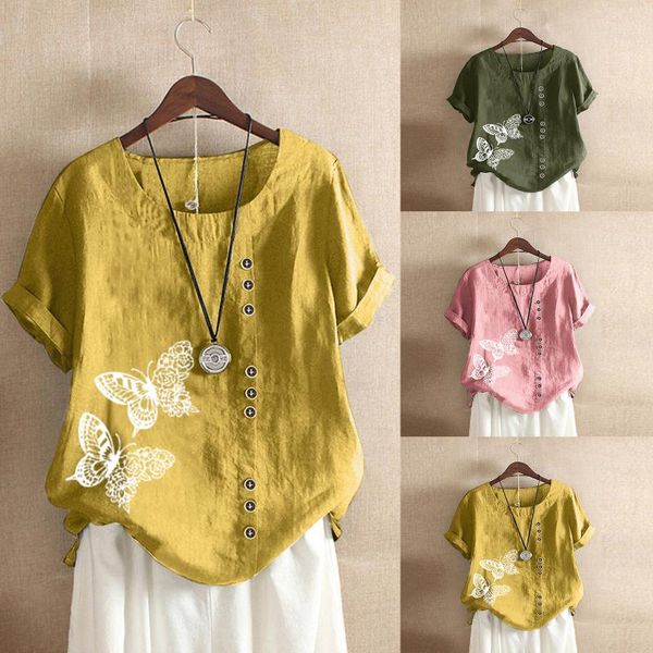 

women casual loose cotton and linen short sleeve t-shirt blusas 2021 women's, White