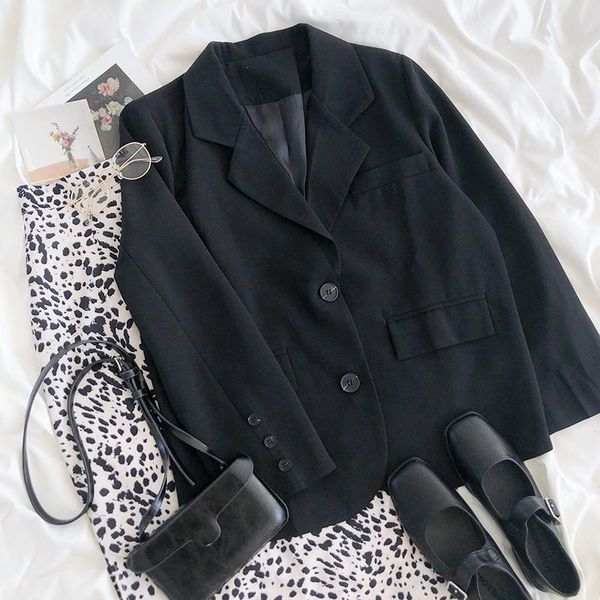 

women's suits & blazers yeeloca temperament classic black suit coat autumn british style two button notched loose korean slim long slee, White;black