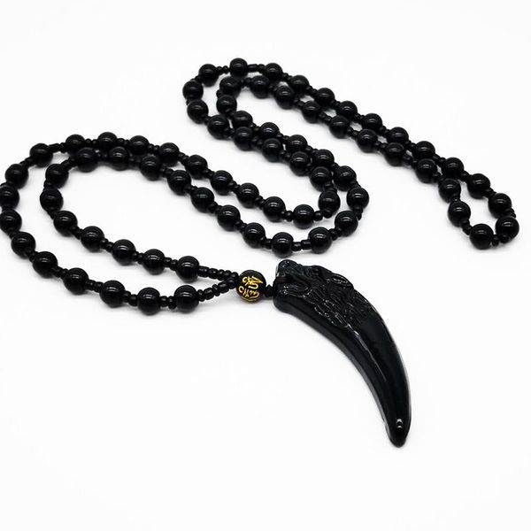 

pendant necklaces fashion black obsidian wolf tooth spike necklace for women men stone beads chain jewelry gifts, Silver