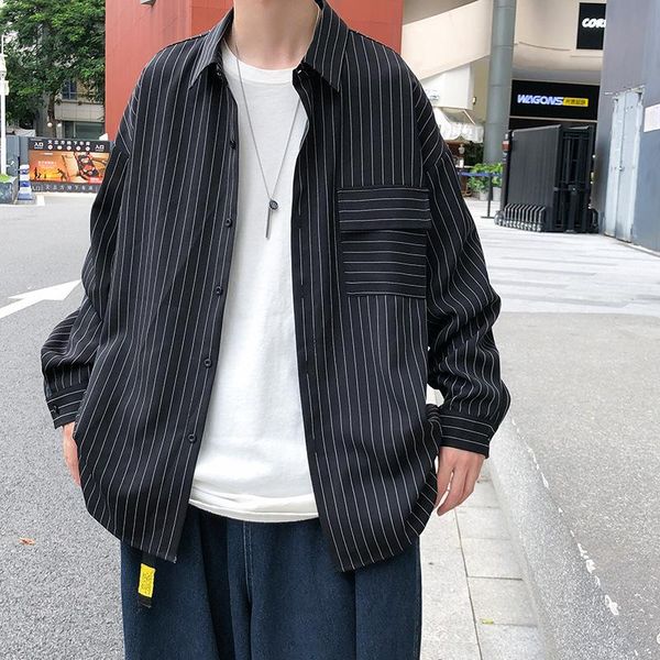 

men's casual shirts autumn loose stripe men shirt long sleeve pocket fashion oversized harajuku male cardigan clothing, White;black