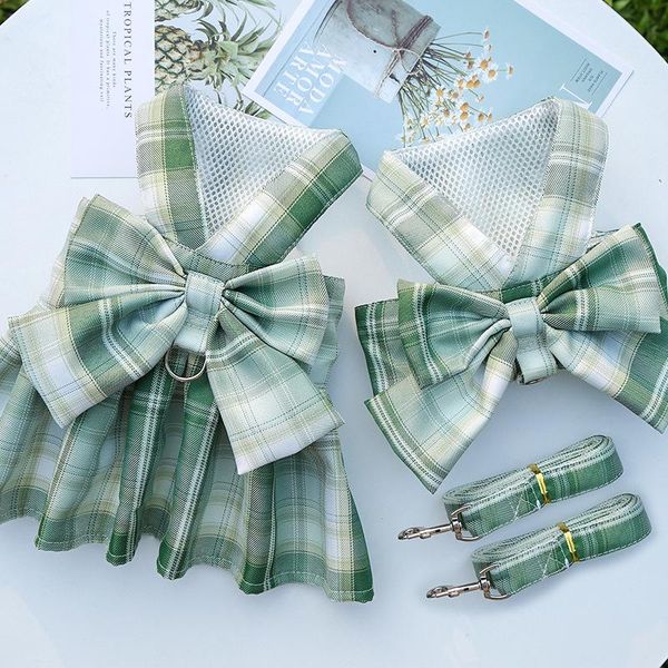 

dog collars & leashes green plaid harness set with leash skirt vest style chest strap traction rope teddy clothes walking supplies