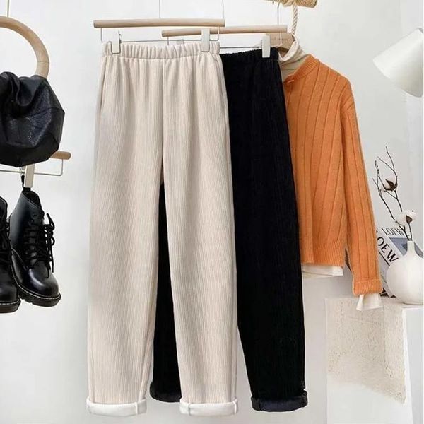 

women's pants & capris autumn winter solid 2xl fleece trousers simple drawstring loose warm harem all-match basic black apricot streetw, Black;white