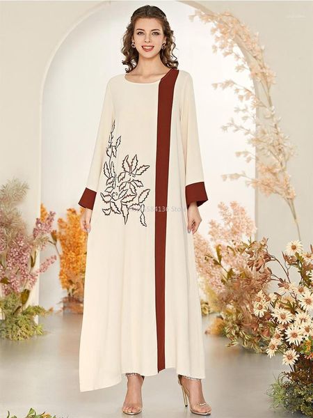 

ethnic embroidery arabic dress for women contrast color patchwork plus size o neck long sleeve muslim turkey clothing casual dresses, Black;gray