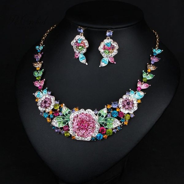 

earrings & necklace peorchid fashion designer luxury pink/blue/red women crystal flower jewelry set 2021 african bridal, Silver