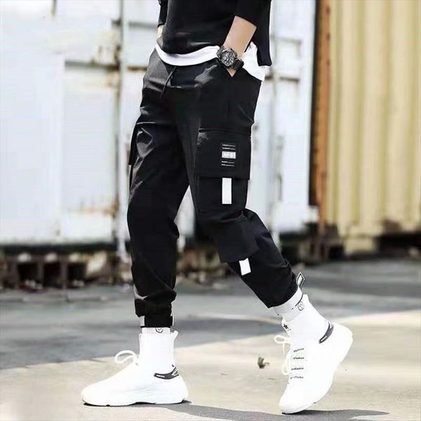 

ribbons pockets cargo harem hip women pant hop casual male tatical joggers trousers fashion streetwear, Black