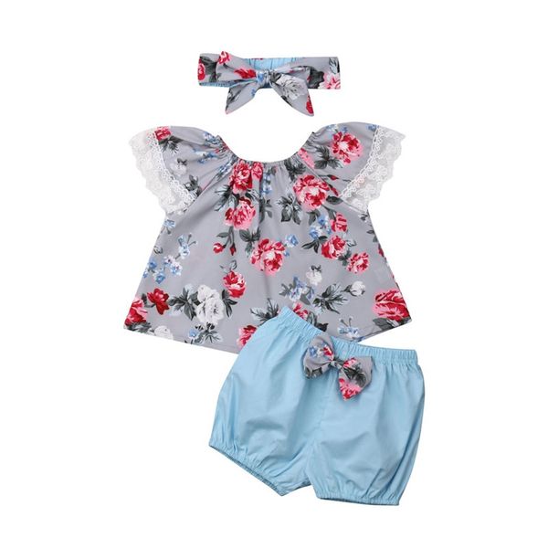 

0-24 months baby girls clothes set floral print shirt ruffle short sleeve shirts girls solid blue shorts headband baby set, White