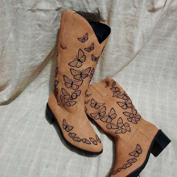 

boots 2021 women knee high long knight low heels wedges retro vintage butterfly embroidery style design rome ladies shoes, Black
