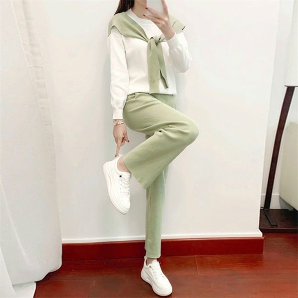 

korean splice knitted 2-piece suits women lace-up long sleeve pullover solid color ankle-length straight leg pants casual sets 210522, White