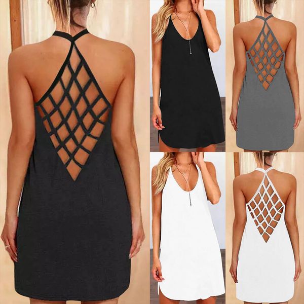 

open back womens dress sleeveless cross casual loose hollow mesh halter fashion sundress vestidos, Black;gray