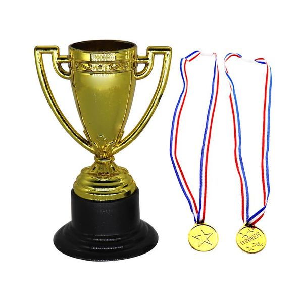 

party favor 12pcs children mini plastic toys gold trophy medals supplies 6pcs