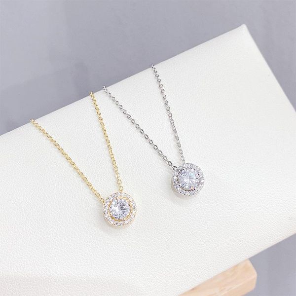 

chains 14k gold plated simple round necklace shining bling zircon women clavicle chain elegant charm wedding pendant jewelry, Silver