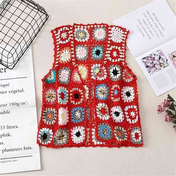 Floral Crochet Gestrickte Weste Frauen Sommer Damen Retro Ärmellose Jacke Cardigan Boho Böhmische Strand Stickerei Weste 210909