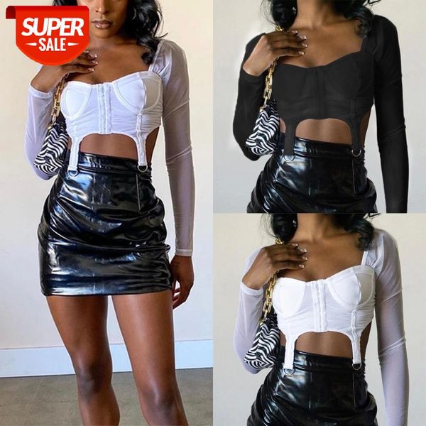 

solid color slim crop perspective long sleeve mesh patchwork square collar low-cut t-shirt with strap buckle for female #ce2s, White