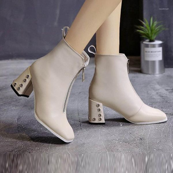 

boots winter fashion mid-heel high heels solid color zipper square toe women shoes bota feminina zapatos de mujer1, Black