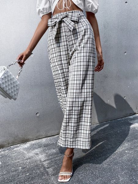 

plaid tie front wide leg pants g2xw#, Black;white