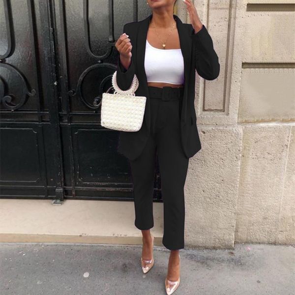 

women's two piece pants classic office blazer suit set 2021 women casual commute cropped suits solid color mid length with pocket, White