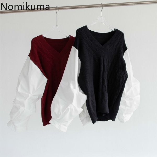 

nomikuma korean causal v-neck women sweater blouse sleeve patchwork knitted twisted pullover autumn winter pull femme 6d020 210427, White;black