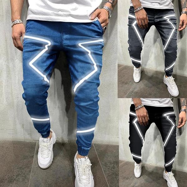 

men's jeans 2021 spring and summer personality reflective hip-hop high street large size loose trousers, Blue