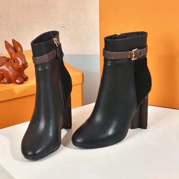 

high heeled designer boots autumn winter coarse heel women shoes desert boot real leather zipper lace up fashion lady heels large black boot